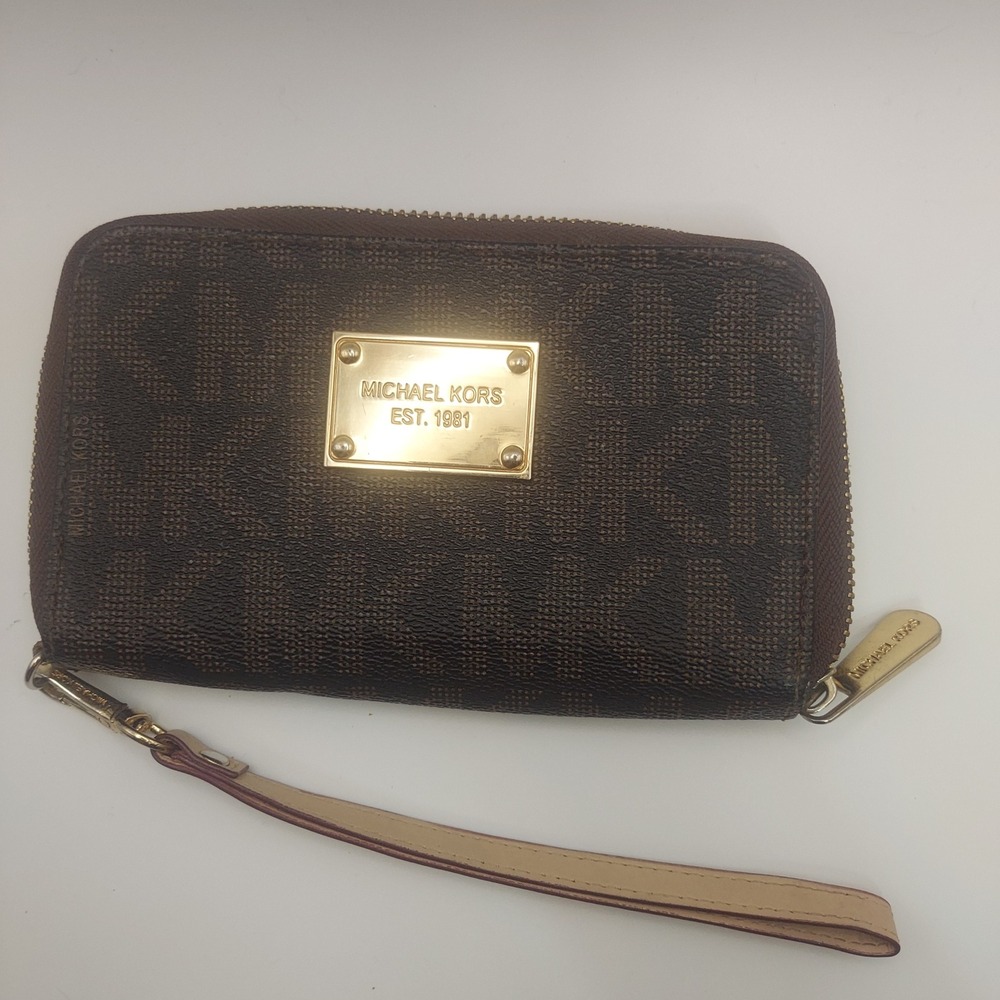 Michael Kors Wristlet Wallet Brown Signature Monogram Gold Hardware